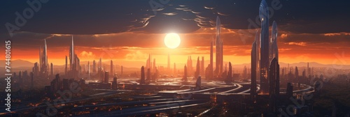Sci-Fi Urban Sunset Panorama - Spectacular sunset over a futuristic city with innovative architecture © Tida