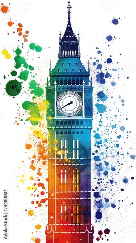 Watercolor clock tower Big Ben in London. Postcard with the symbol of Great Britain