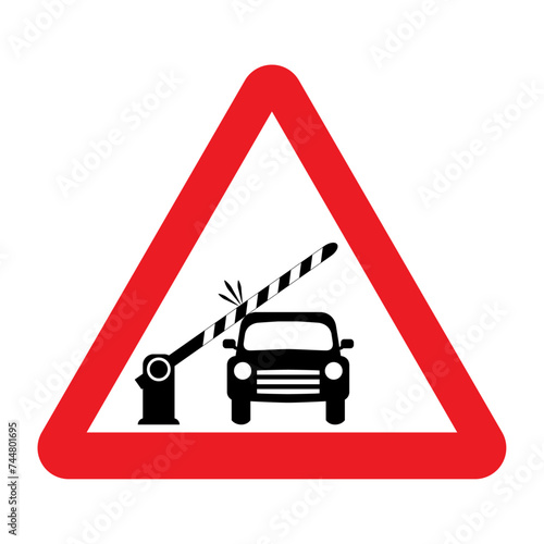 Car barrier warning sign. Vector illustration of yellow triangle sign with closing barrier hits vehicle. Risk of damage. Beware, barrier closes automatically. Parking shutdown. Guarded parking.