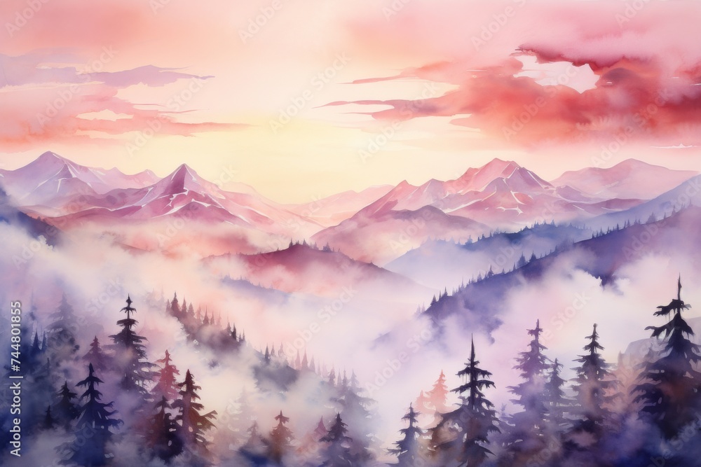 Northern Lights Forest Watercolor - An enchanting watercolor of the Northern Lights illuminating a snowy forest landscape.