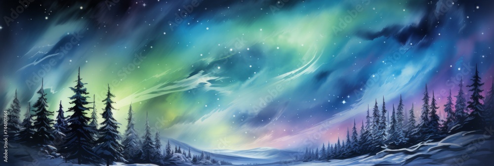 Aurora Over Snowy Pines - A serene winter night landscape with vibrant aurora borealis over tranquil pine forest.
