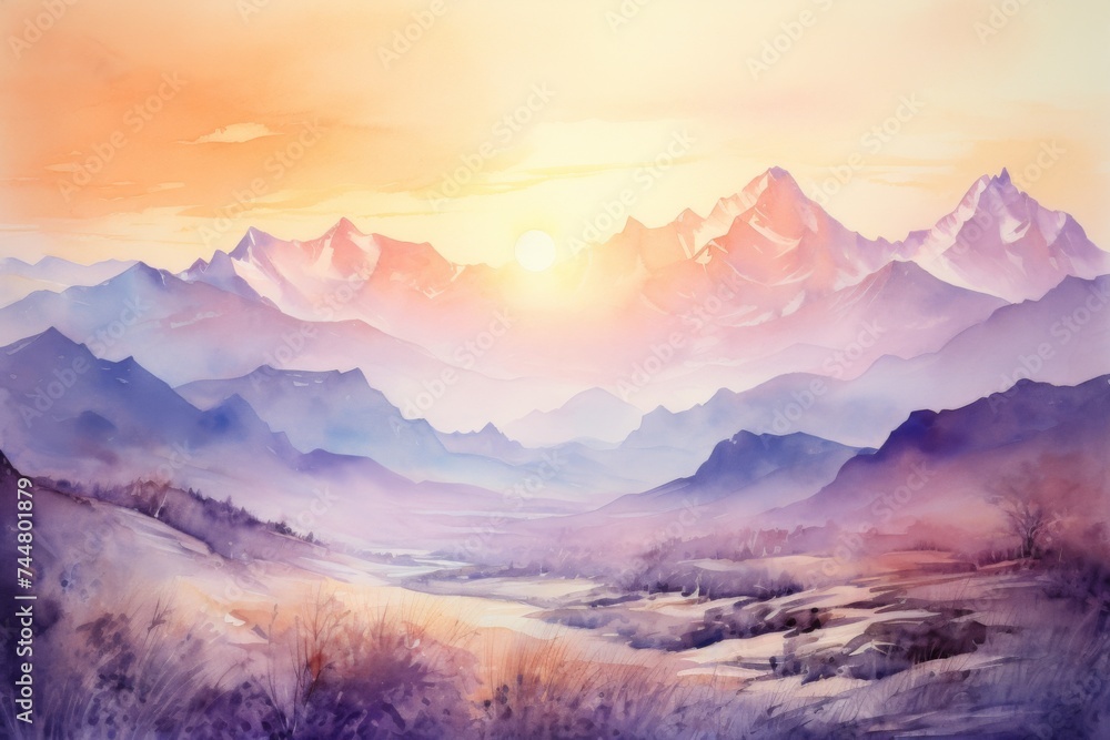 Sunrise Mountain Watercolor - A serene sunrise over a mountain range, depicted in soft watercolor tones, reflecting the peaceful start of a day.
