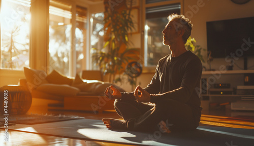 Yoga-adept middle-aged man meditates in home living room alone doing breathing exercises with crossed legs. Active people, Oriental practices in common life, relaxing, mental health concept image. photo