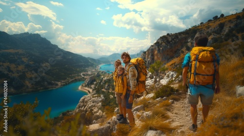 a group of people are hiking up a mountain with a dog