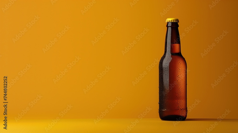 Cold Bottle of Beer on Yellow Studio Background - Space for Copy Text and Logos Cold Bottle of Beer on Yellow Studio Background - Space for Copy Text and Logos