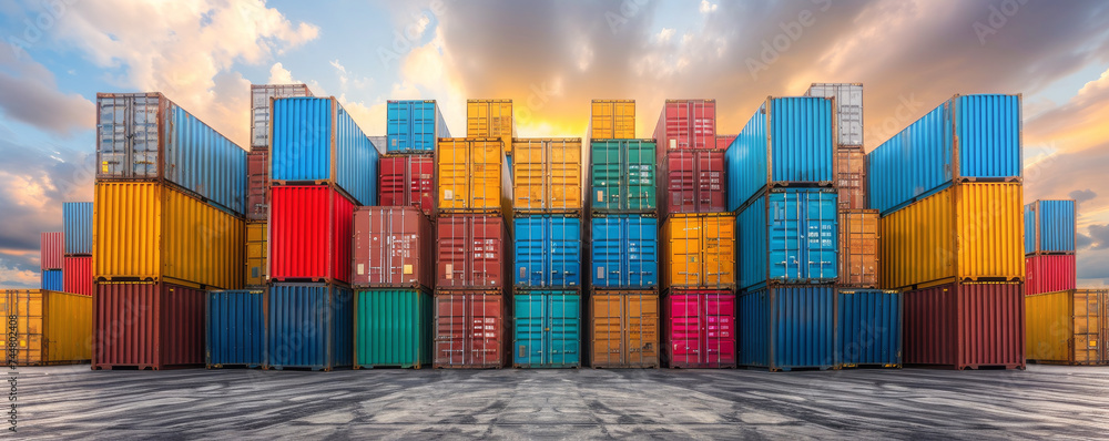 Obraz premium Containers stand as sentinels of industry with sturdy frames bearing weight of countless shipment. Labels reveal origins and destinations.