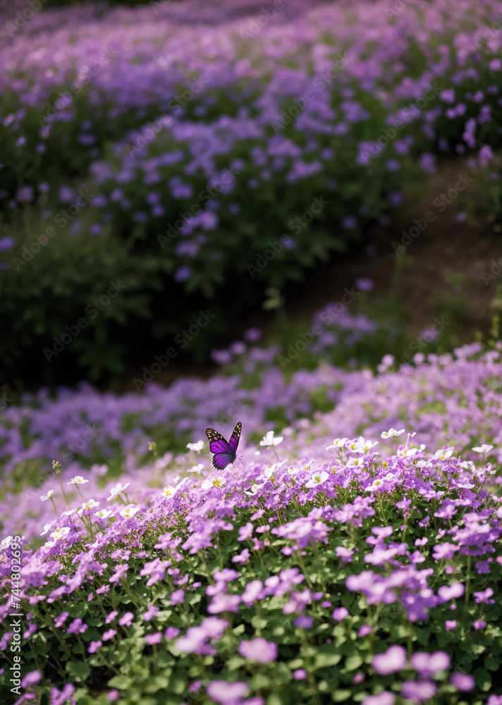 Obraz premium A purple butterfly lands on a flower in a field of pink flowers. Generative AI