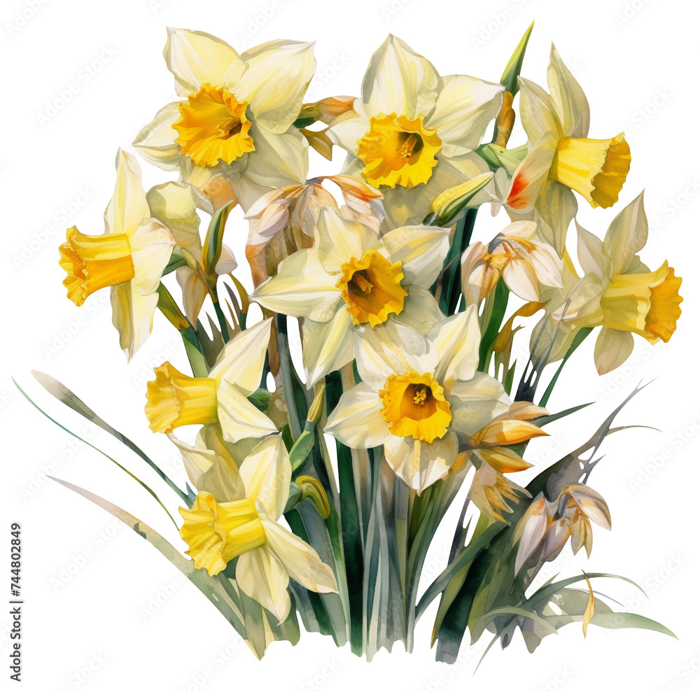 Fototapeta premium Watercolor illustration of daffodil flowers. Transparent background, png