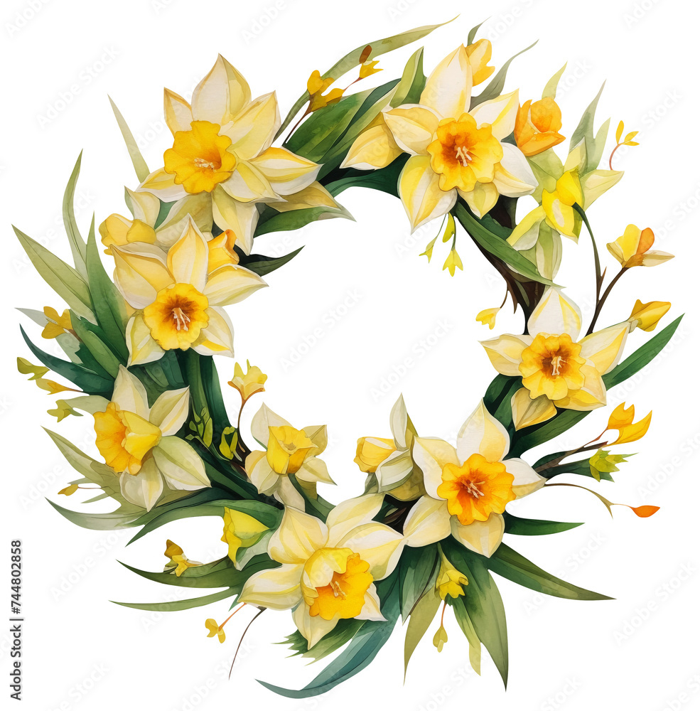 Watercolor illustration of daffodil wreath. Spring flowers. Transparent background, png