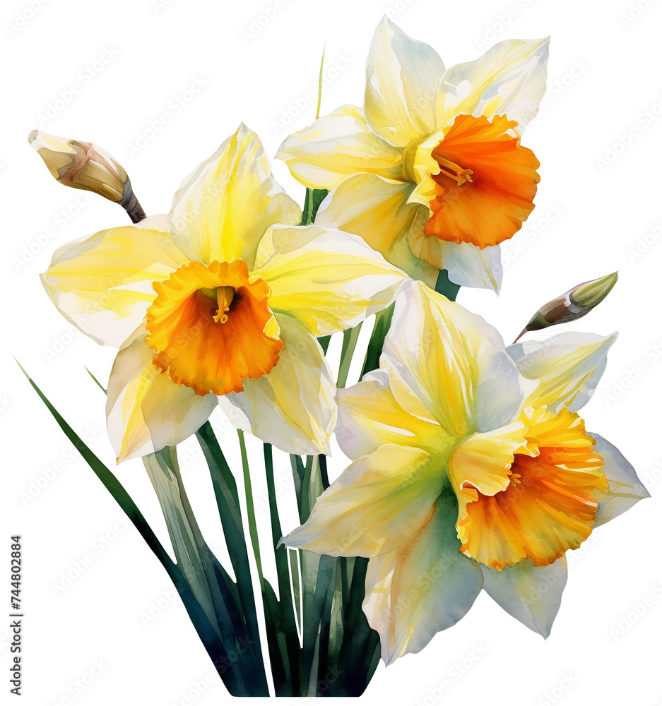 Watercolor illustration of daffodil flowers. Transparent background, png Watercolor illustration of daffodil flowers. Transparent background, png