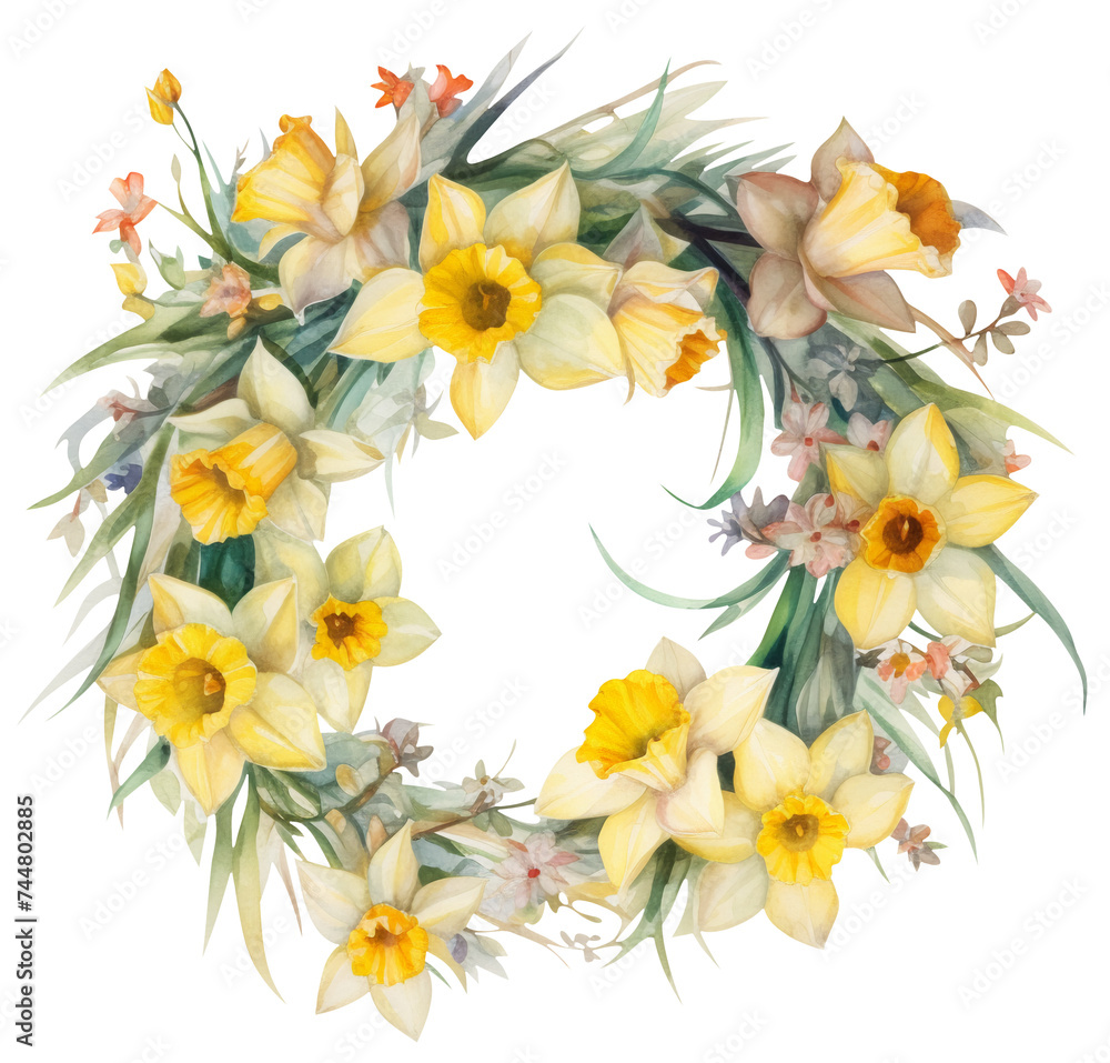 Watercolor illustration of daffodil wreath. Spring flowers. Transparent background, png