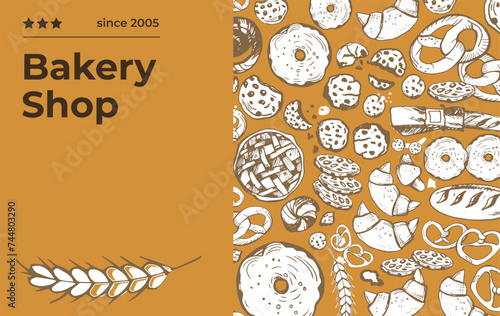 Isoplated vector set of bakery. Hand drawn and chalked cookies, barolls, pies, croissants, cakes, pastries. Sepia. Vintage template with bread and pastries sketch. Fresh bakery. Shop. Template. photo