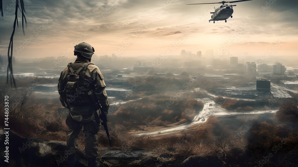 a soldier in a soldier's uniform looks out to the city with an army helicopter flying overhead a soldier in a soldier's uniform looks out to the city with an army helicopter flying overhead