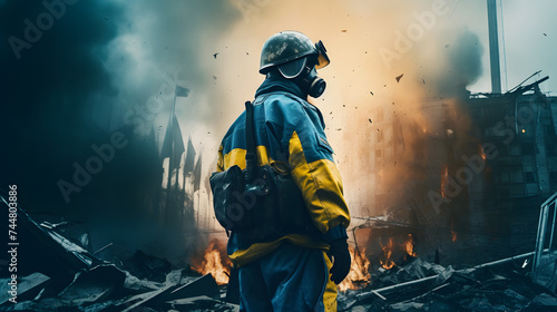  a soldier with a Ukraine flag stands near some explosions