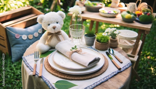 Kid table served in a garden. Generative AI