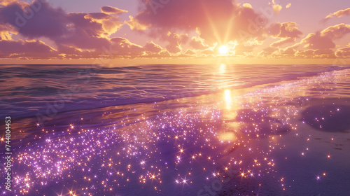 A dreamlike scene unfolds on a serene beach, where surreal purple diamonds scatter across the sand, shimmering under a twilight sky, blending fantasy with reality. photo
