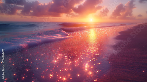 A dreamlike scene unfolds on a serene beach  where surreal purple diamonds scatter across the sand  shimmering under a twilight sky  blending fantasy with reality.