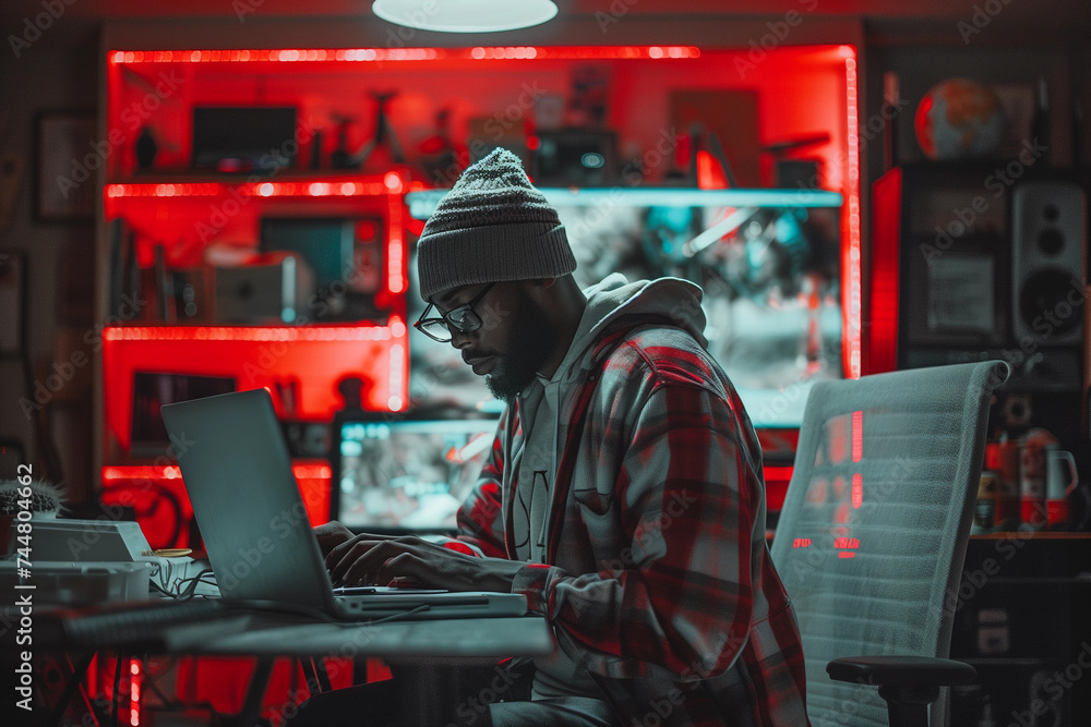 Young black man is working on a laptop in a darkened room,  hustle culture concept