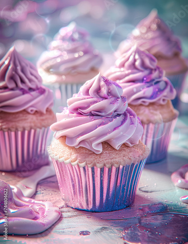 Minimal tasty concept, decorative sweet cake in delicate purple colors, muffin with icing and glitter. Violet food concept, cupcake recipe for a colorful party.