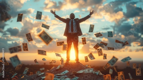 A man in a suit on a hill, money falling from the sky, happy gesture