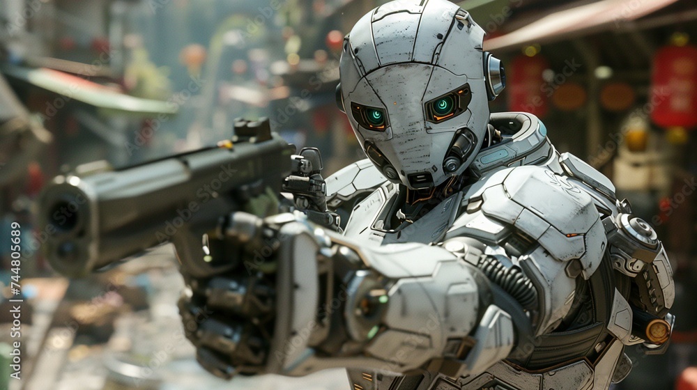 Futuristic Robot Aiming Gun in Urban Environment Futuristic Robot Aiming Gun in Urban Environment