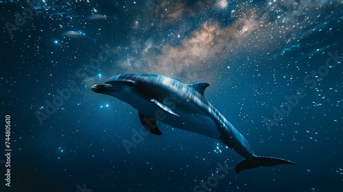 Dolphin Swimming in Ocean with Cosmic Starry Sky Background