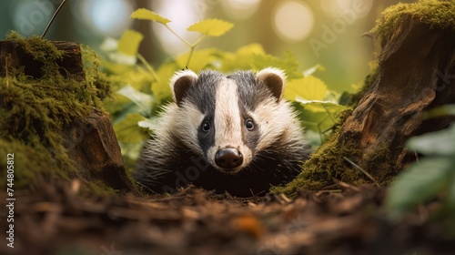 Badger in forest, animal in nature habitat, Germany, Europe. Wild Badger, Meles meles, animal in the wood. Mammal in environment, rainy day