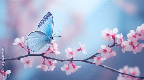 Beautiful blue yellow butterfly in flight and branch of flowering apricot tree in spring at Sunrise on light blue and violet background macro. Elegant artistic image nature. Banner format, copy space © Shabnam