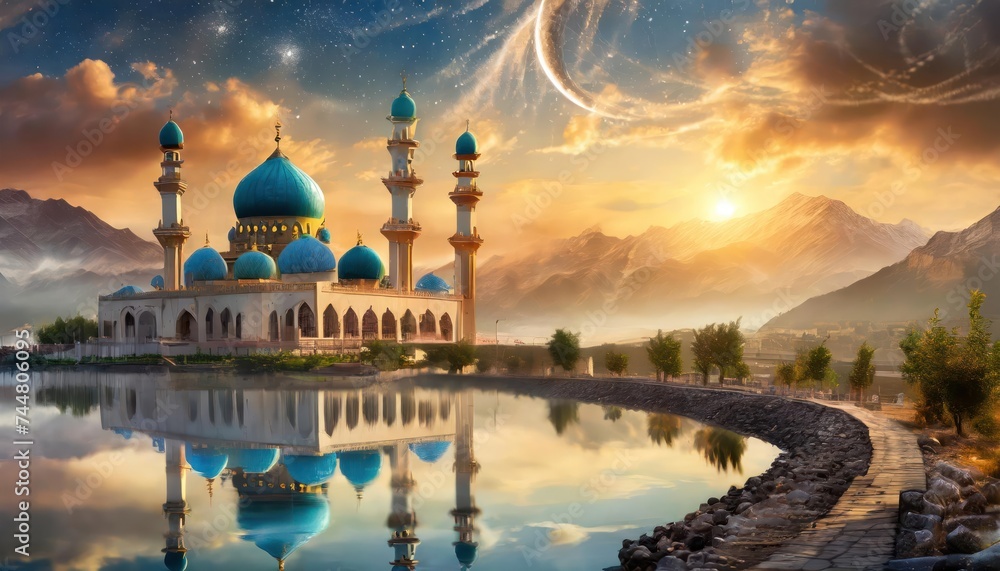 Ramadan, month of fasting concept. mosques on blurred background 