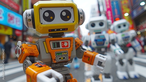 Friendly Toy Robots Exploring Urban Streetscape