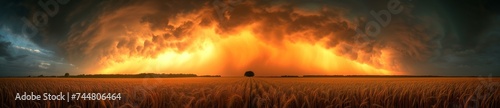 Dramatic Sunset over Wheat Field Panorama