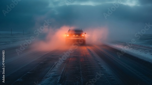 Car Driving on Snowy Road with Headlights On © Tiz21