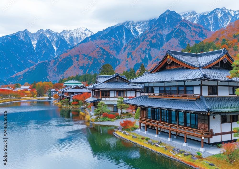 Fototapeta premium Picturesque Japanese Village with Mountain Reflection in Autumn