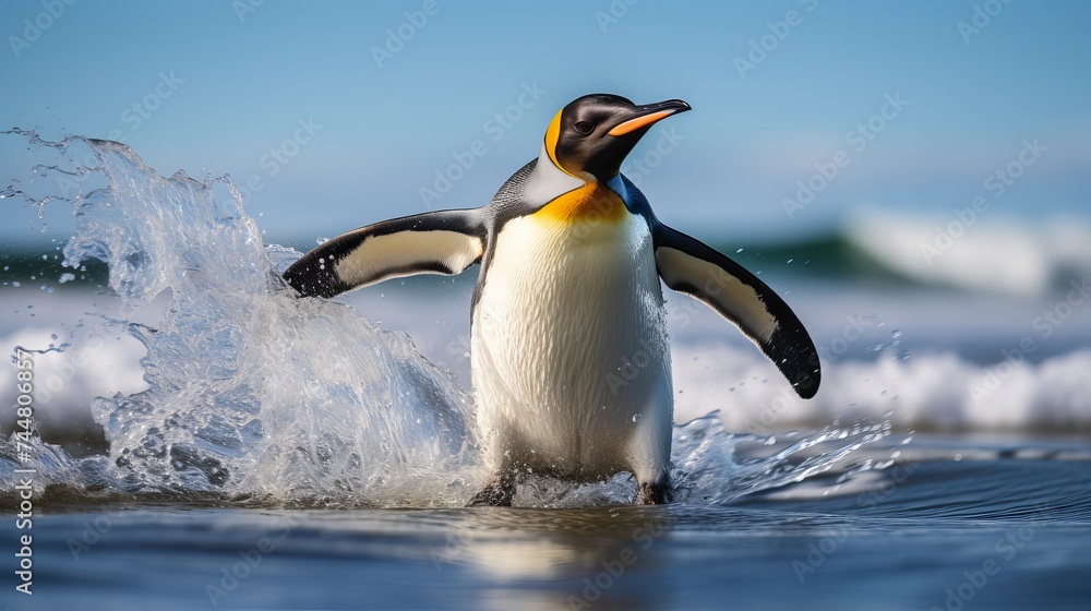 Fototapeta premium Big King penguin going in to the blue water, Atlantic ocean on Falkland Island, sea bird in the nature habitat