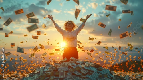 A woman on a pile of money, arms up, happy gesture photo