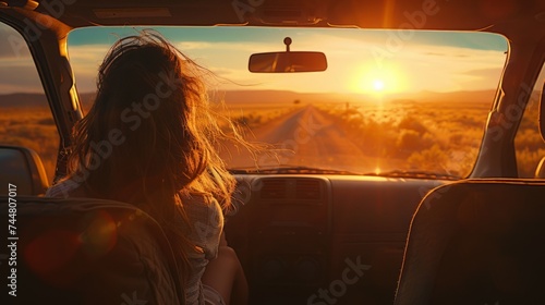 Happy road trip of woman summer vacation photo