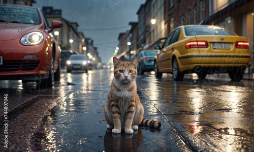 sad cat on the road with cars in the rain in the evening city