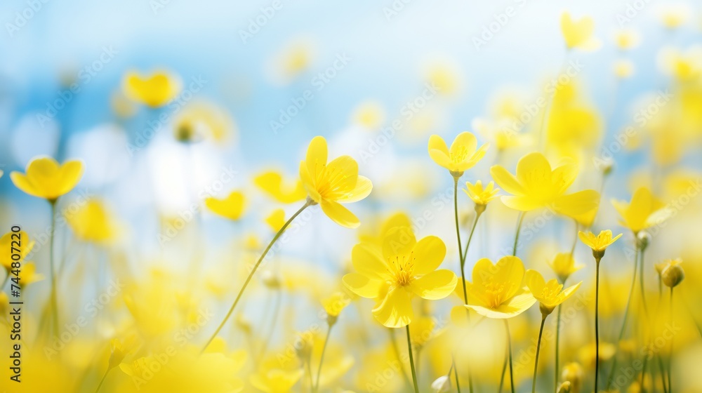Blurred idyllic springtime landscape, blue sky and flower meadow under the leaf branch, a carpet of yellow cheerful blossoms, blurred spring background
