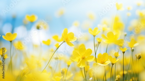Blurred idyllic springtime landscape, blue sky and flower meadow under the leaf branch, a carpet of yellow cheerful blossoms, blurred spring background