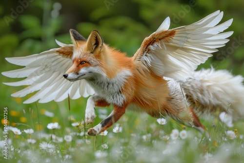 Beautiful Mythical Winged Fox in a Field, Bibi in Chinese Mythology. Generative AI. 