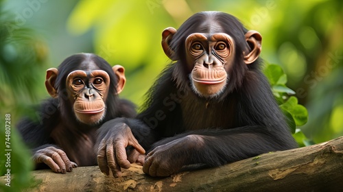 Bonobos in natural habitat on Green natural background. The Bonobo ( Pan paniscus), called the pygmy chimpanzee. Democratic Republic of Congo. Africa photo