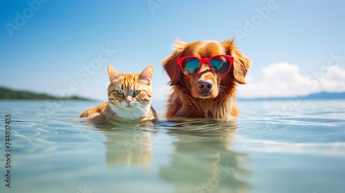 Cat and dog wearing sunglasses relaxing in the sea . Red cat eats watermelon and dog eats ice cream © Elchin Abilov