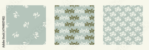 Modern botanical minimal wildflower vector pattern collection. Summer gender neutral pressed flower silhouette background. Simple nature floral paper cut out wallpaper wedding, hedgerow decor repeat.