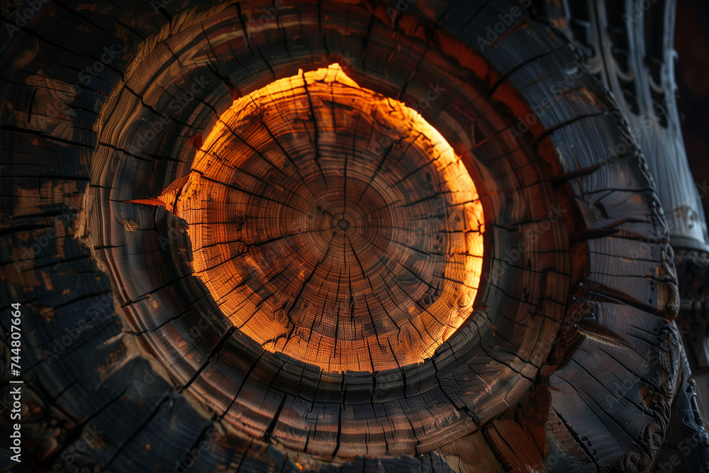 Fototapeta premium Charred Tree Stump with Fire within, Wild Fire Tree Stump Cross Section