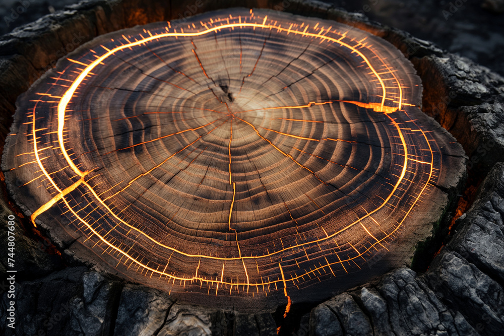 Illuminated Tree Rings at Night, Wild Fire Tree Stump Cross Section ...