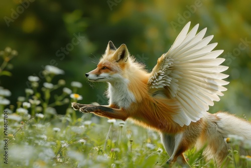 Beautiful Mythical Winged Fox  in a Field, Bibi in Chinese Mythology. Generative AI.
