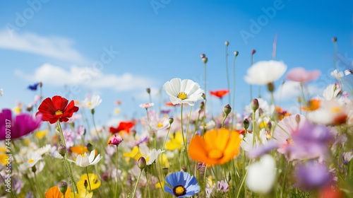 Colorful natural flower meadows landscape with blue sky in summer. Habitat for insects, wildflowers and wild herbs on a flower field. Background panorama with short depth of focus and space for text © Elchin Abilov