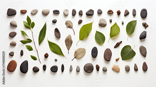 Creative natural layout made of leaves, stones, and tree bark on white background. Flat lay