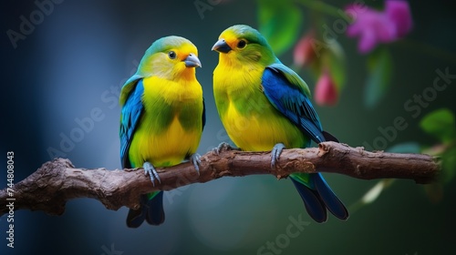 Cute birds. Beautiful tanager Blue-naped Chlorophonia, Chlorophonia cyanea, exotic tropical green songbird from Colombia. Wildlife from South America. Birdwatching in Colombia. Two animals on branch photo