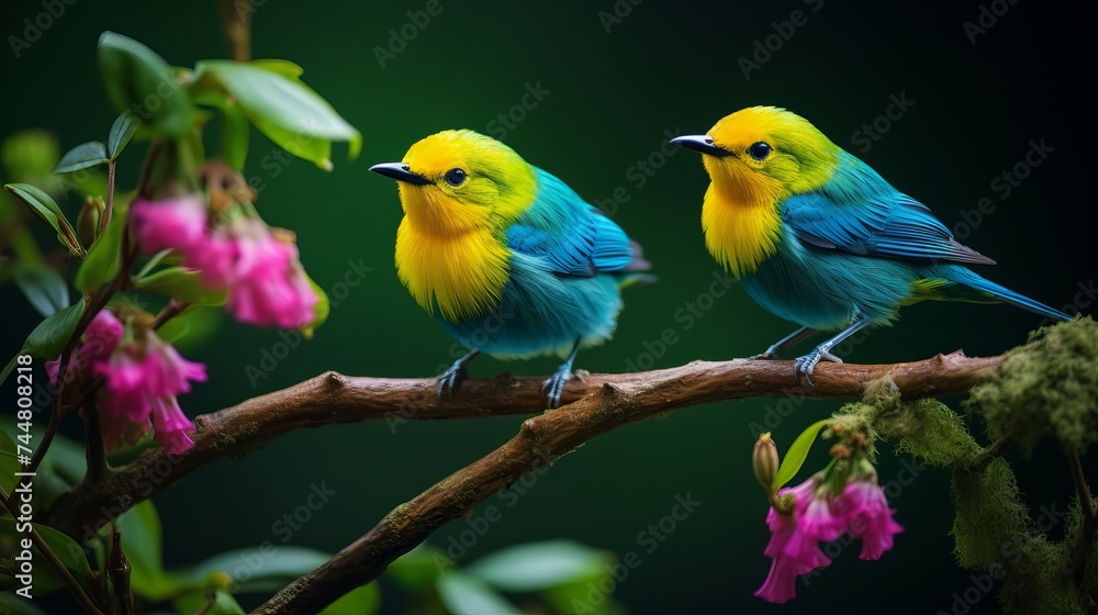 Cute birds. Beautiful tanager Blue-naped Chlorophonia, Chlorophonia cyanea, exotic tropical green songbird from Colombia. Wildlife from South America. Birdwatching in Colombia. Two animals on branch